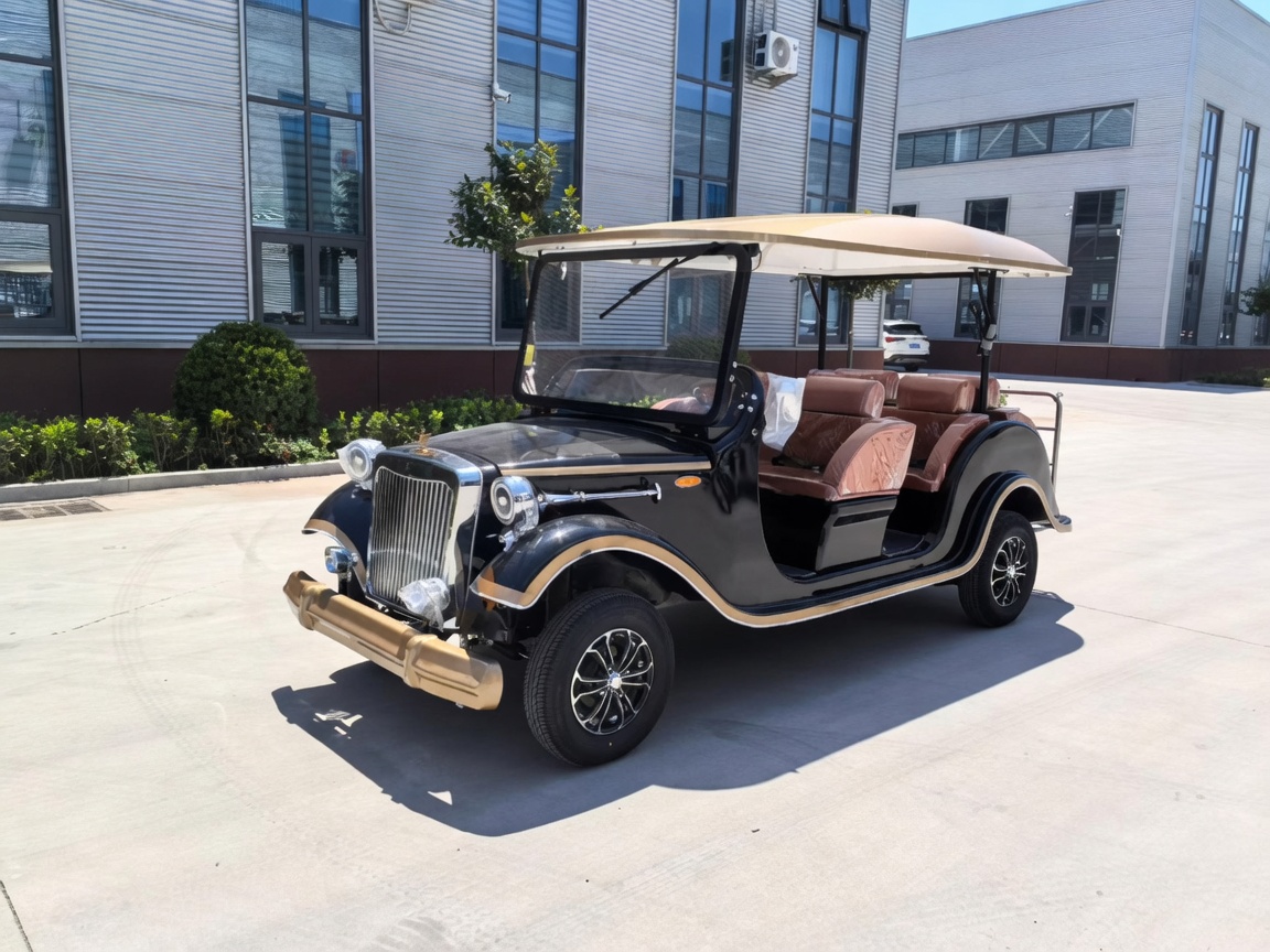 Black and gold six-passenger vintage golf cart