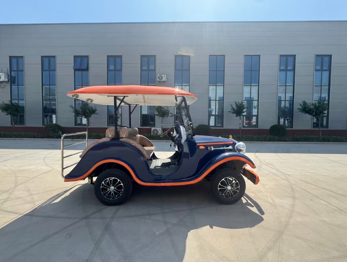 Navy and orange six-passenger vintage golf cart