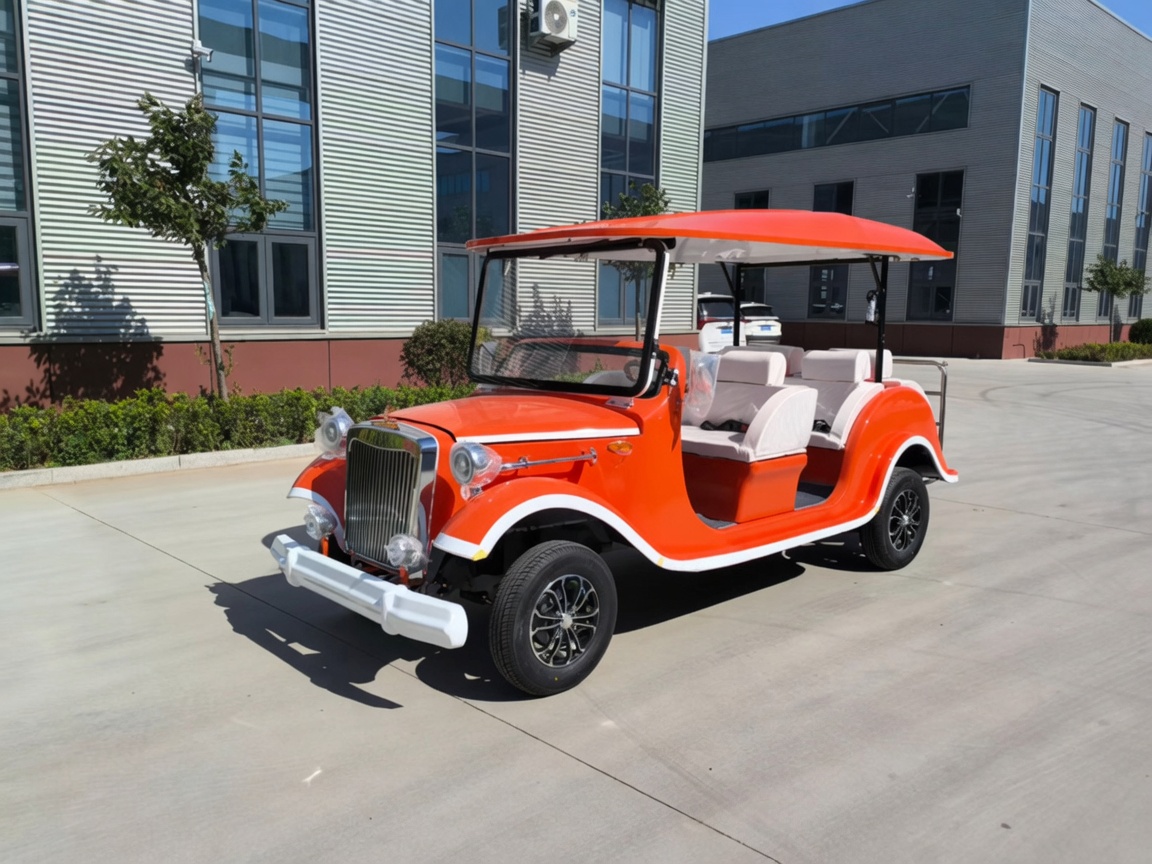 Sunset orange six-passenger vintage golf cart