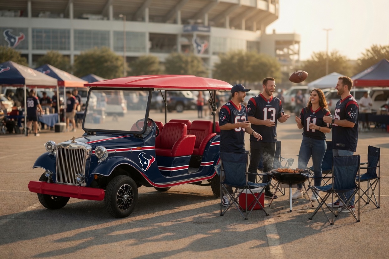 Six-passenger cart at a Texans tailgate