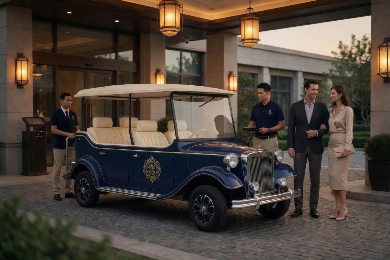 Six-passenger cart at a hotel entrance