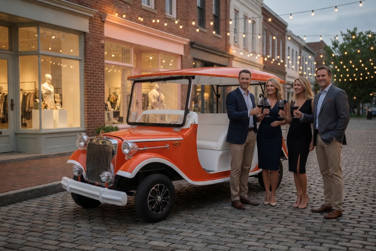 Friends toasting beside a cart on a brick street